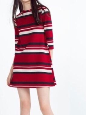 Zara Trafaluc Red, Navy & White Striped Mini Dress